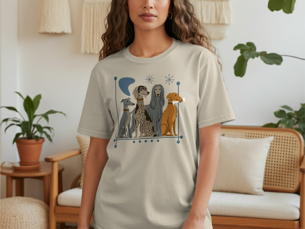 T-shirt with illustration of four dogs of different breeds.