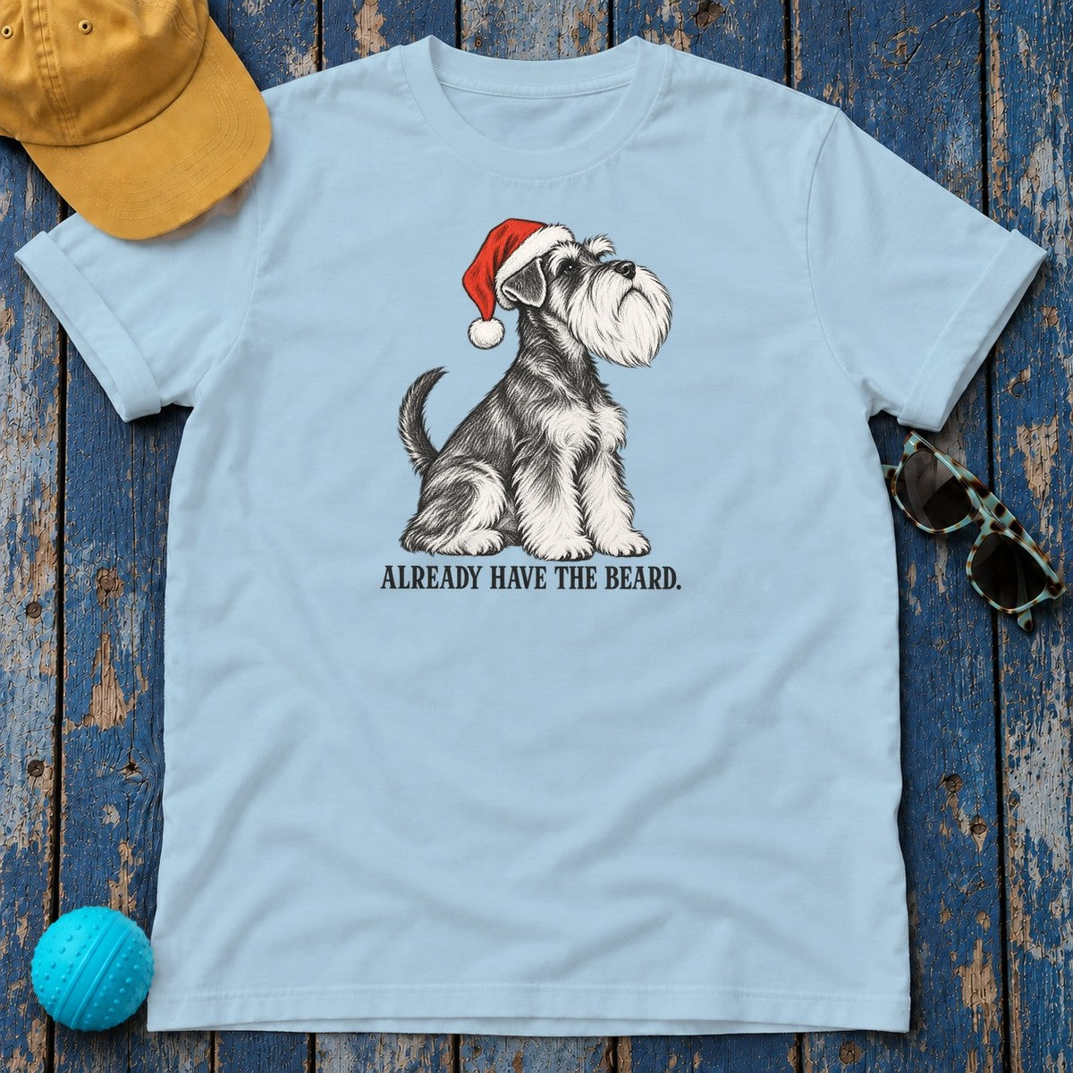 Already Have the Beard Schnauzer Santa T-Shirt in Light Blue - flat lay