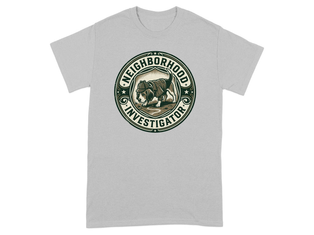 T-shirt with a round graphic of a beagle detective in a hat.