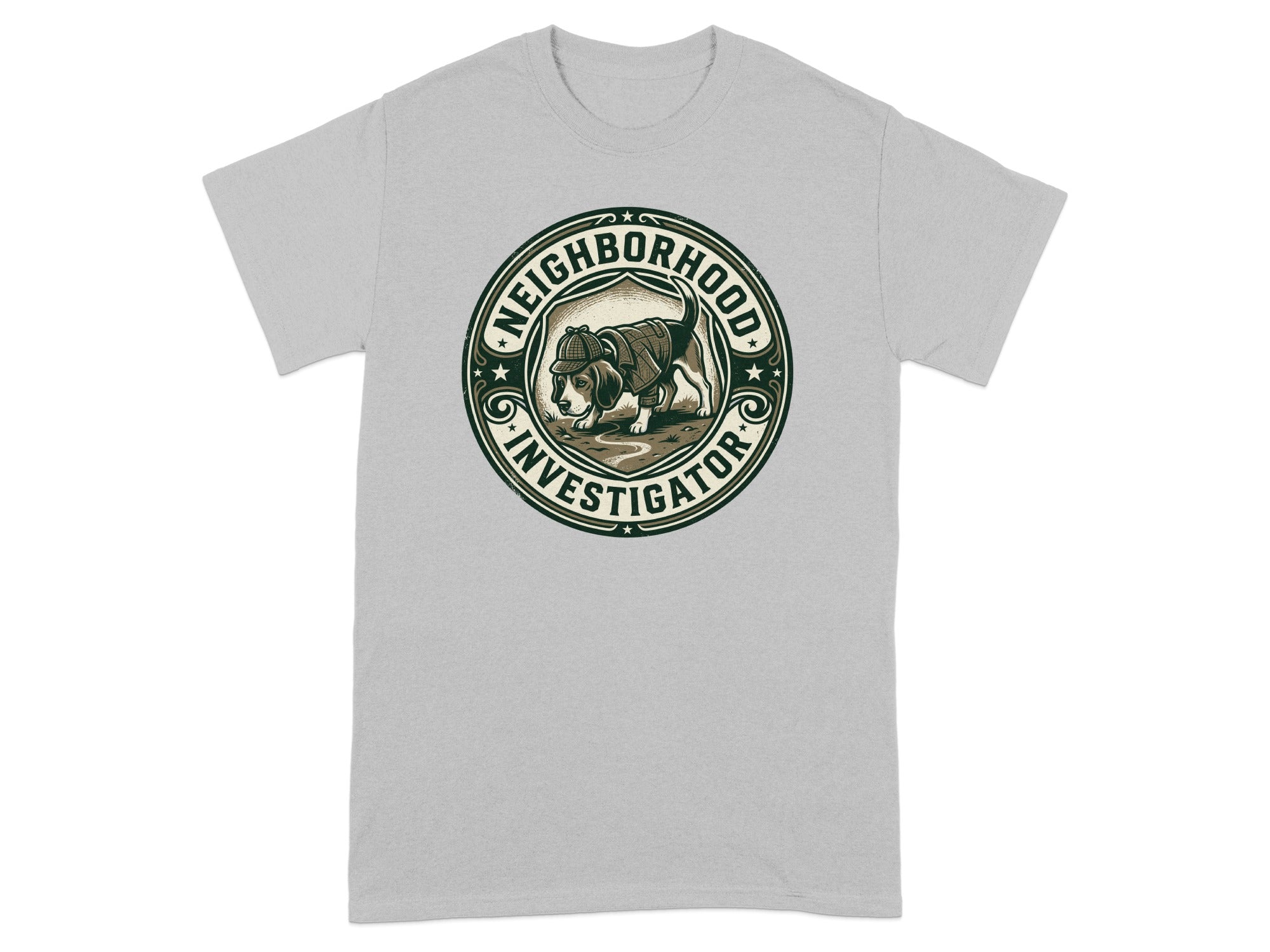 T-shirt with a round graphic of a beagle detective in a hat.