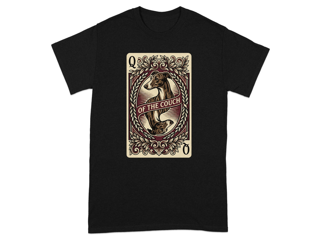 Queen of the Couch playing card design featuring a greyhound on a black t-shirt.
