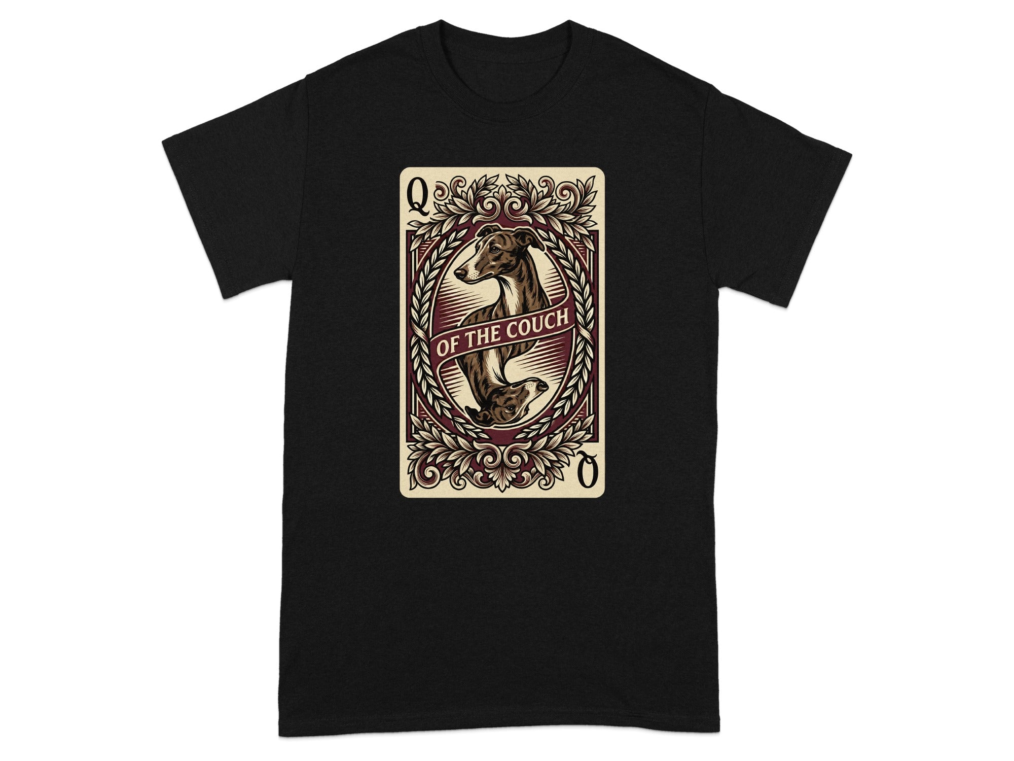 Queen of the Couch playing card design featuring a greyhound on a black t-shirt.