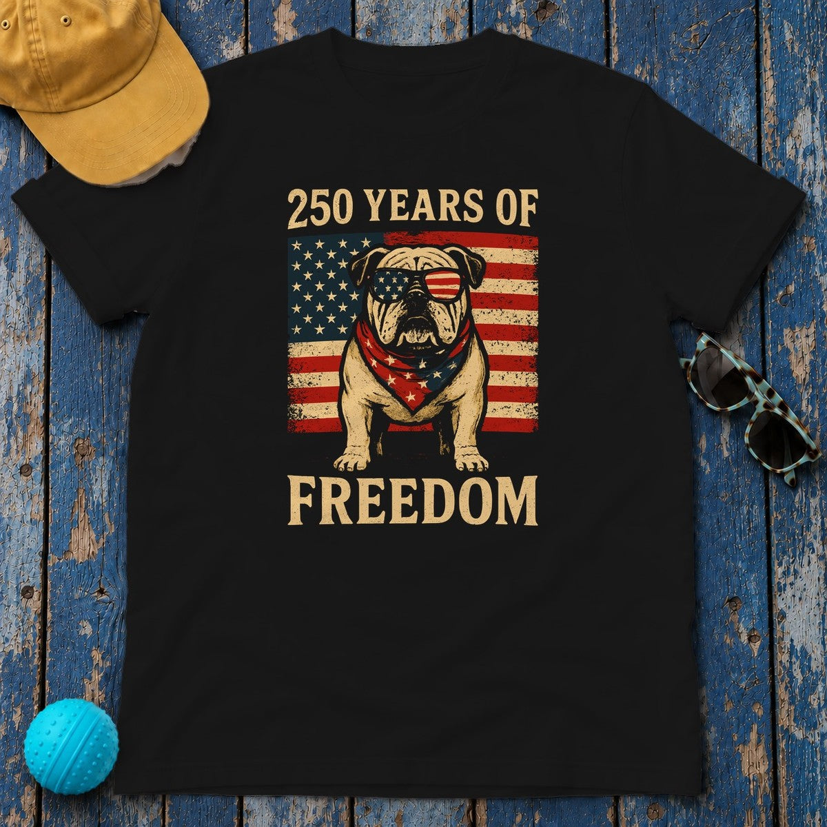 250 Years of Freedom Patriotic Bulldog USA Flag T-Shirt in Black