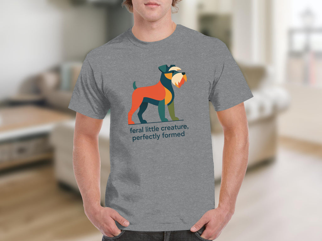 Grey t-shirt with abstract dog graphic and text "feral little creature, perfectly formed".