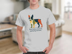 White t-shirt with a colorful abstract Boston Terrier and the text "feral little creature, perfectly formed".