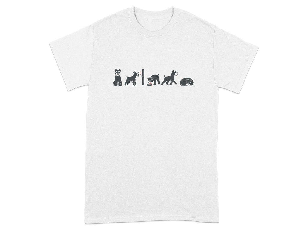 White t-shirt with a row of five black schnauzer dogs in different poses.