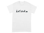 White t-shirt with a row of five black schnauzer dogs in different poses.