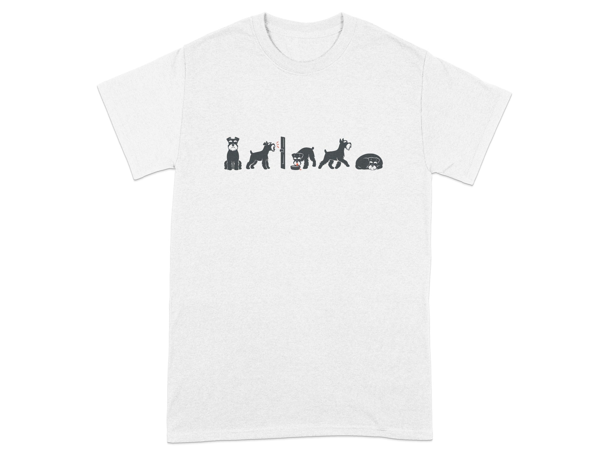 White t-shirt with a row of five black schnauzer dogs in different poses.