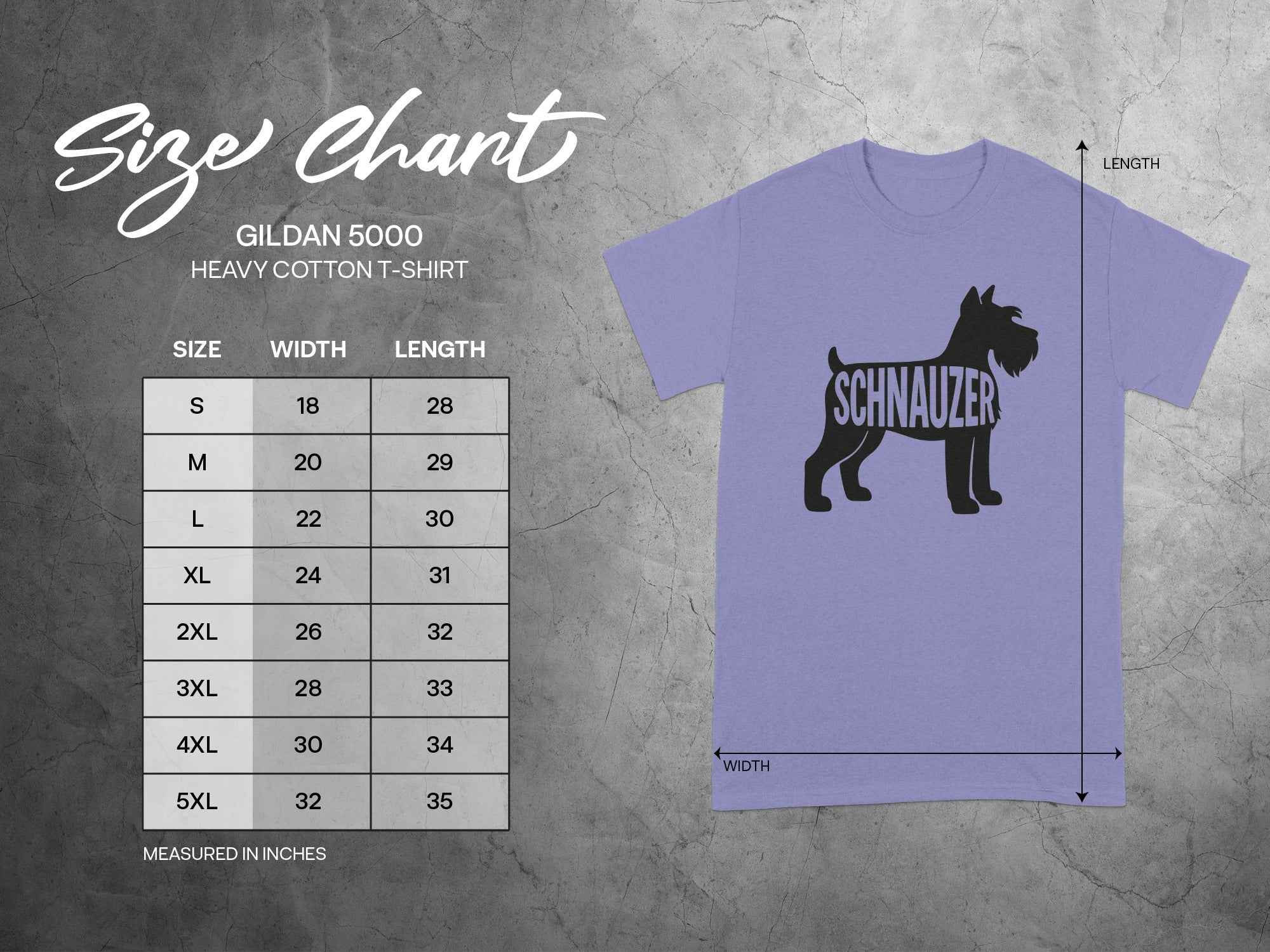 Gildan 5000 heavy cotton t-shirt size chart with measurements in inches.