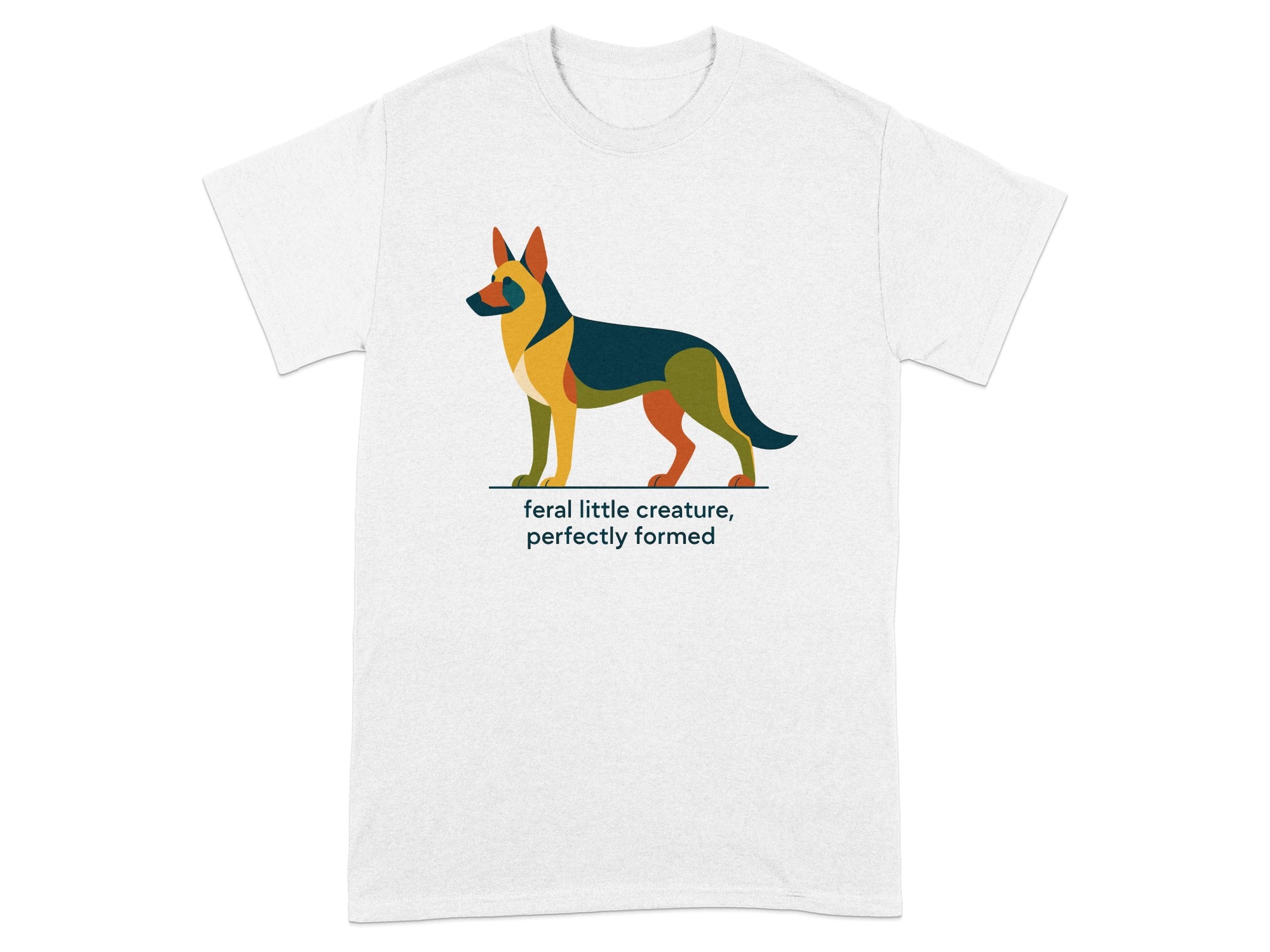 White t-shirt featuring a stylized, multi-colored German Shepherd and text.
