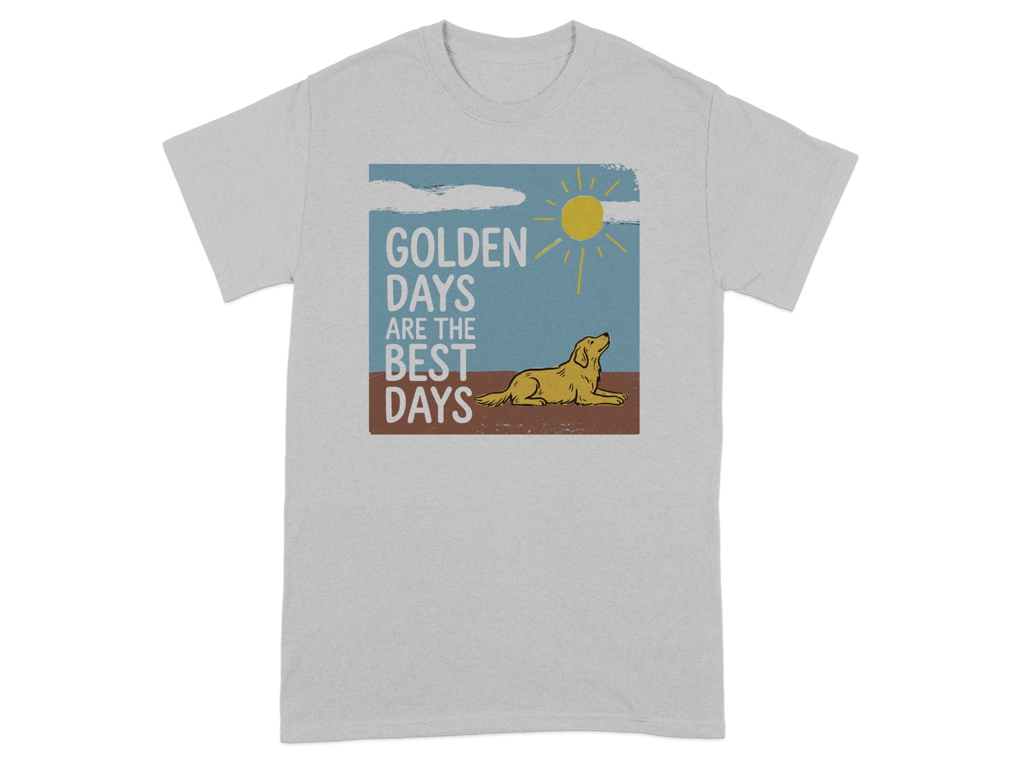 Golden Retriever lying down under sun with "Golden Days Are The Best Days" text.