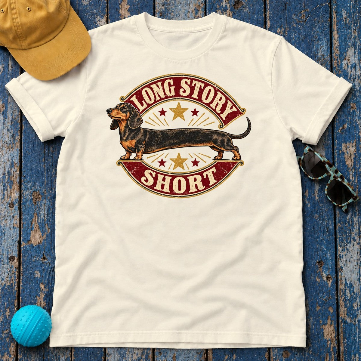 Long Story Short Dachshund T-Shirt in Natural - flat lay