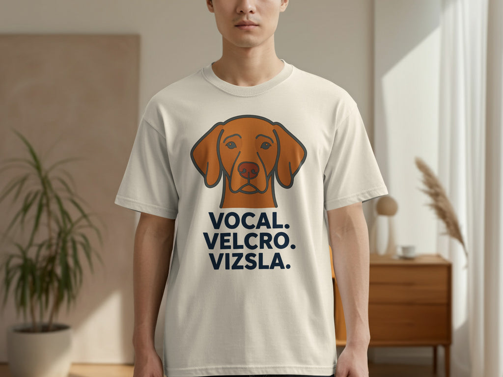 Vizsla dog head graphic with "VOCAL. VELCRO. VIZSLA." text on a cream t-shirt.