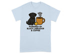 Light blue t-shirt with black Labrador, coffee mug, and text.