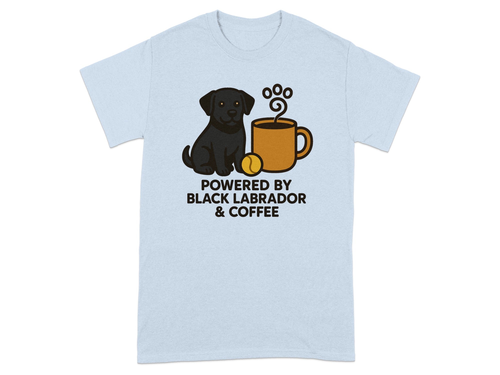 Light blue t-shirt with black Labrador, coffee mug, and text.