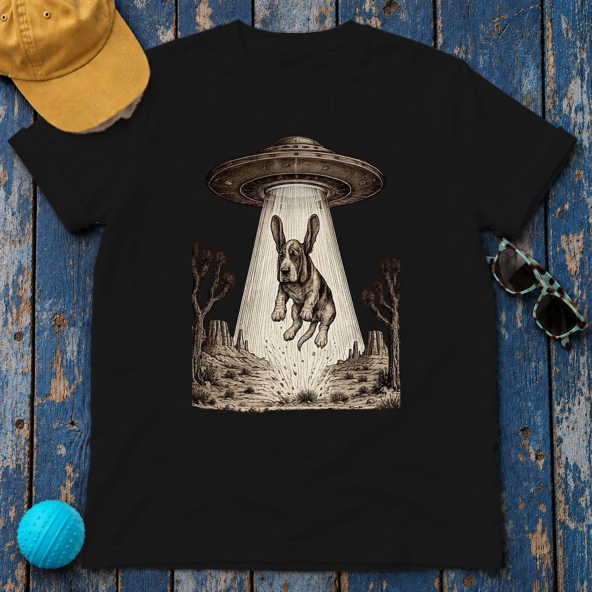 Abducted Basset Hound Odyssey T-Shirt in Black