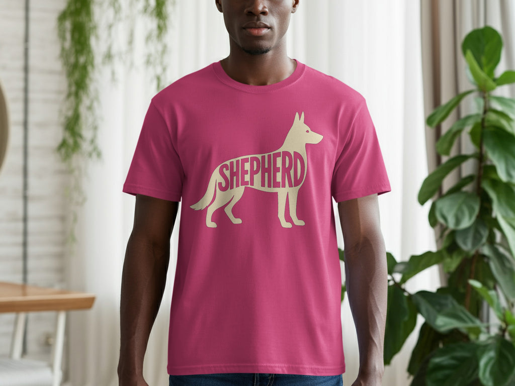 Pink t-shirt with a silhouette of a dog and the word "SHEPHERD".