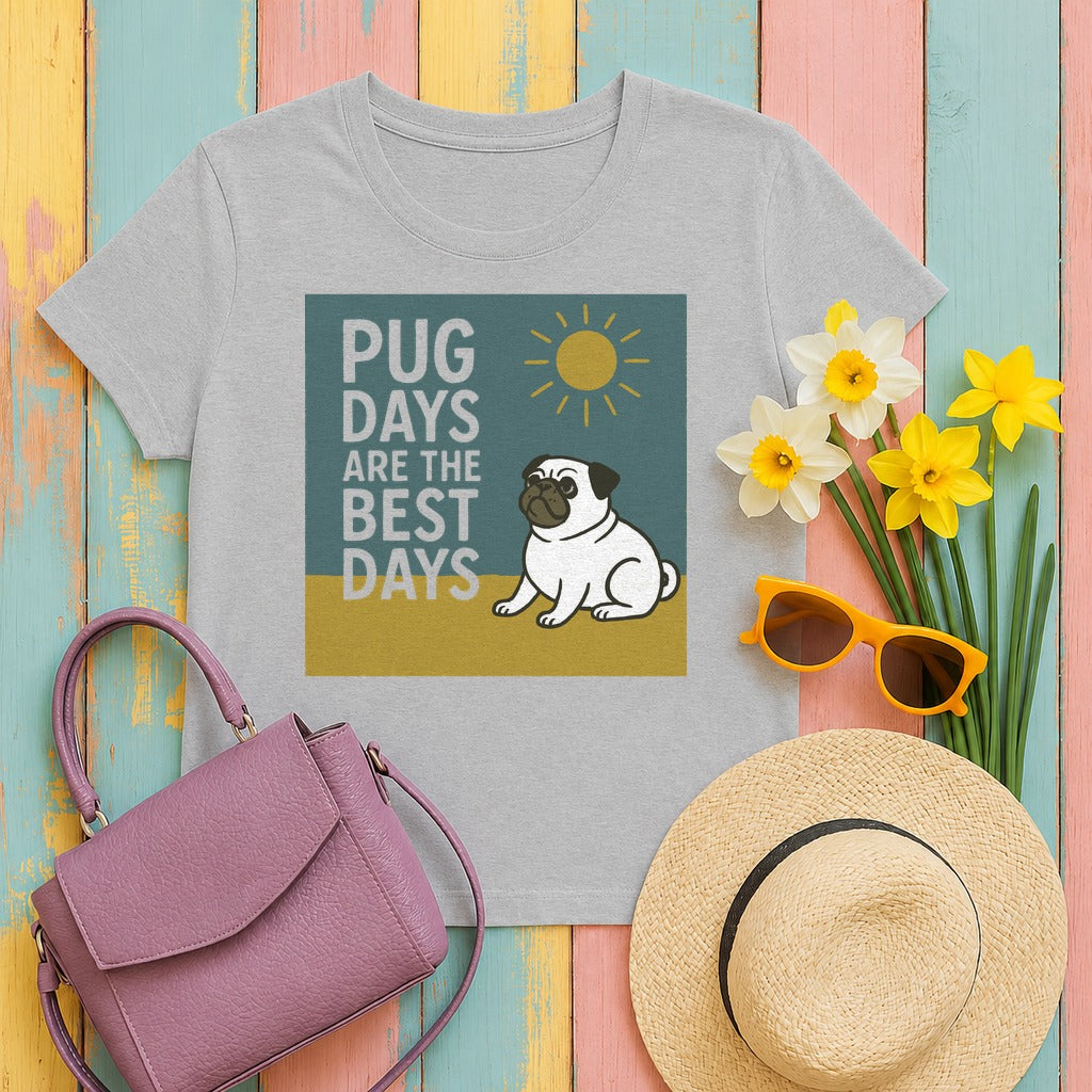 Sunny Pug Days Illustration T-shirt in Sport Grey