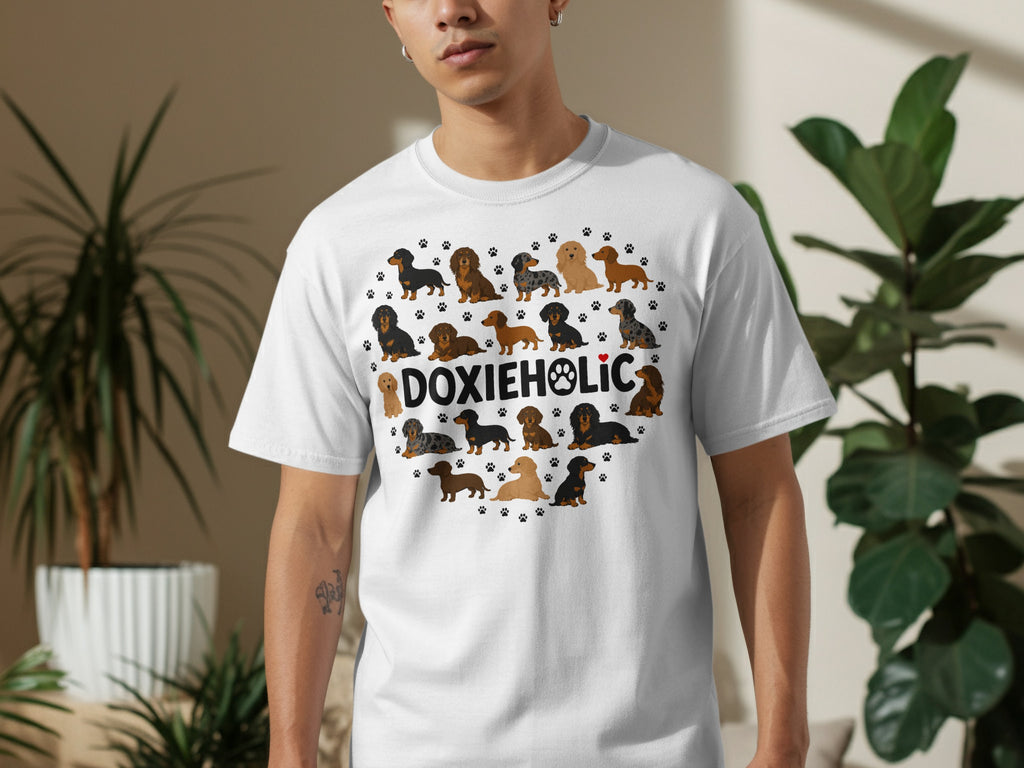 White t-shirt with heart-shaped dachshund print and text "DOXIEHOLIC".