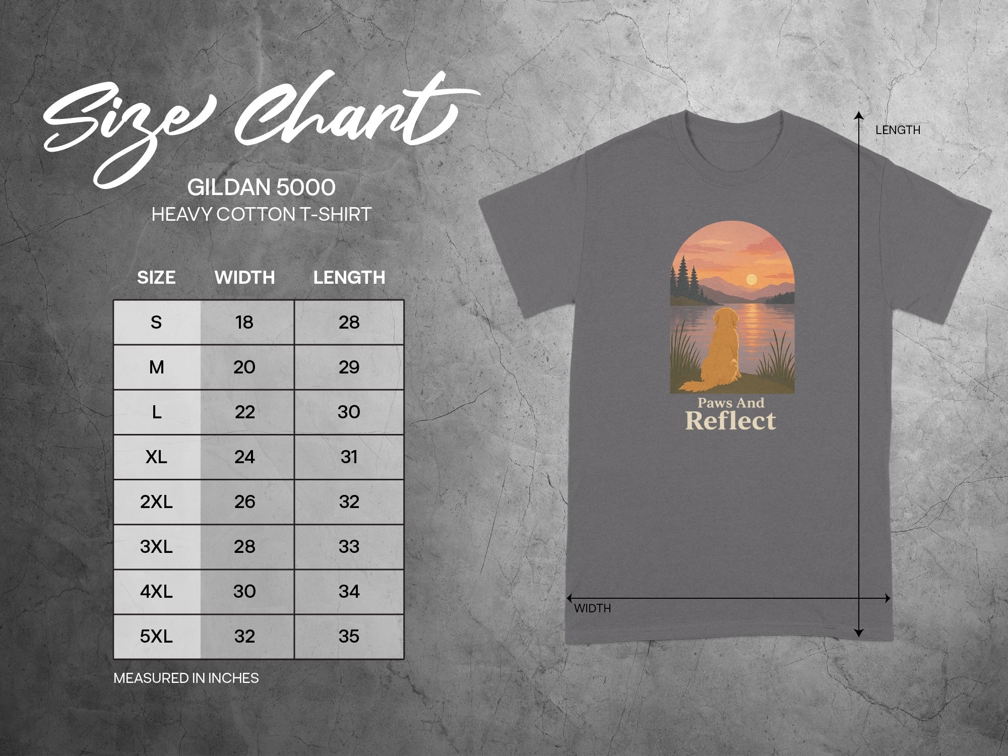 Gildan 5000 t-shirt size chart with width and length measurements in inches.