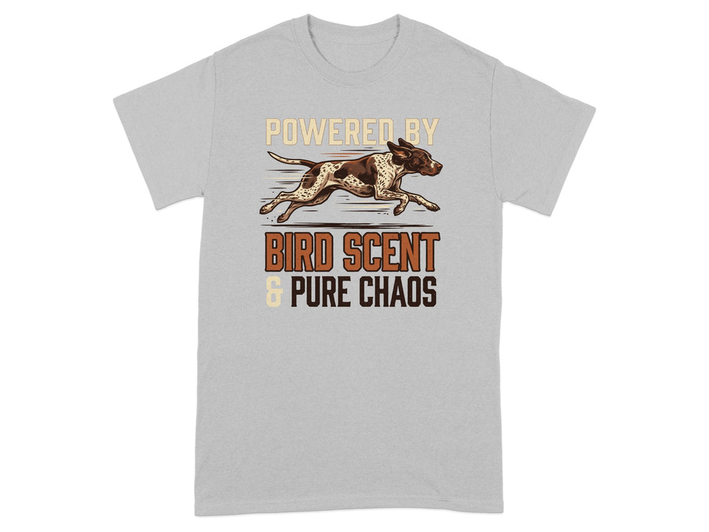 Grey t-shirt with a brown and white dog mid-run and text "POWERED BY BIRD SCENT & PURE CHAOS".