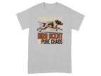 Grey t-shirt with a brown and white dog mid-run and text "POWERED BY BIRD SCENT & PURE CHAOS".