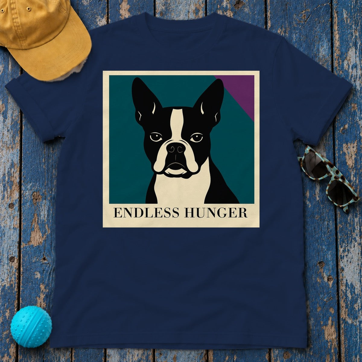 Endless Hunger Boston Terrier Pop Art T-Shirt in Navy