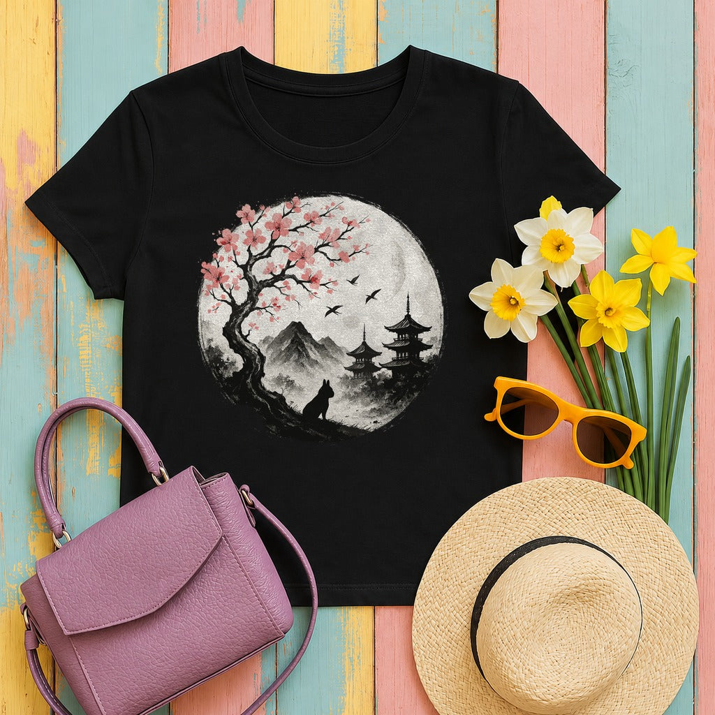 Zen Japanese Scene With French Bulldog Silhouette T-Shirt in Black