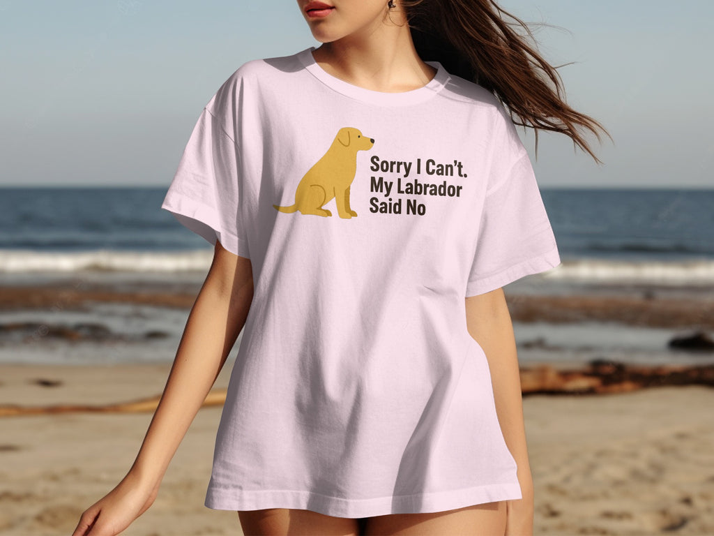 Pink t-shirt with a yellow labrador and text "Sorry I Can't. My Labrador Said No."
