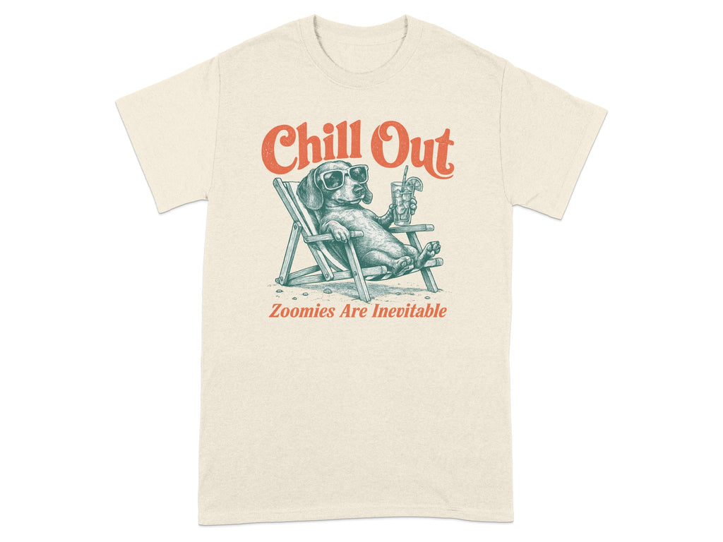 Dog in lounge chair with sunglasses and drink, text "Chill Out".