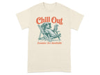 Dog in lounge chair with sunglasses and drink, text "Chill Out".