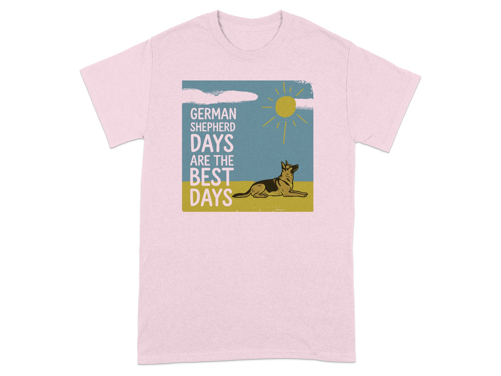 Pink t-shirt with "German Shepherd Days Are The Best Days" text and dog illustration.