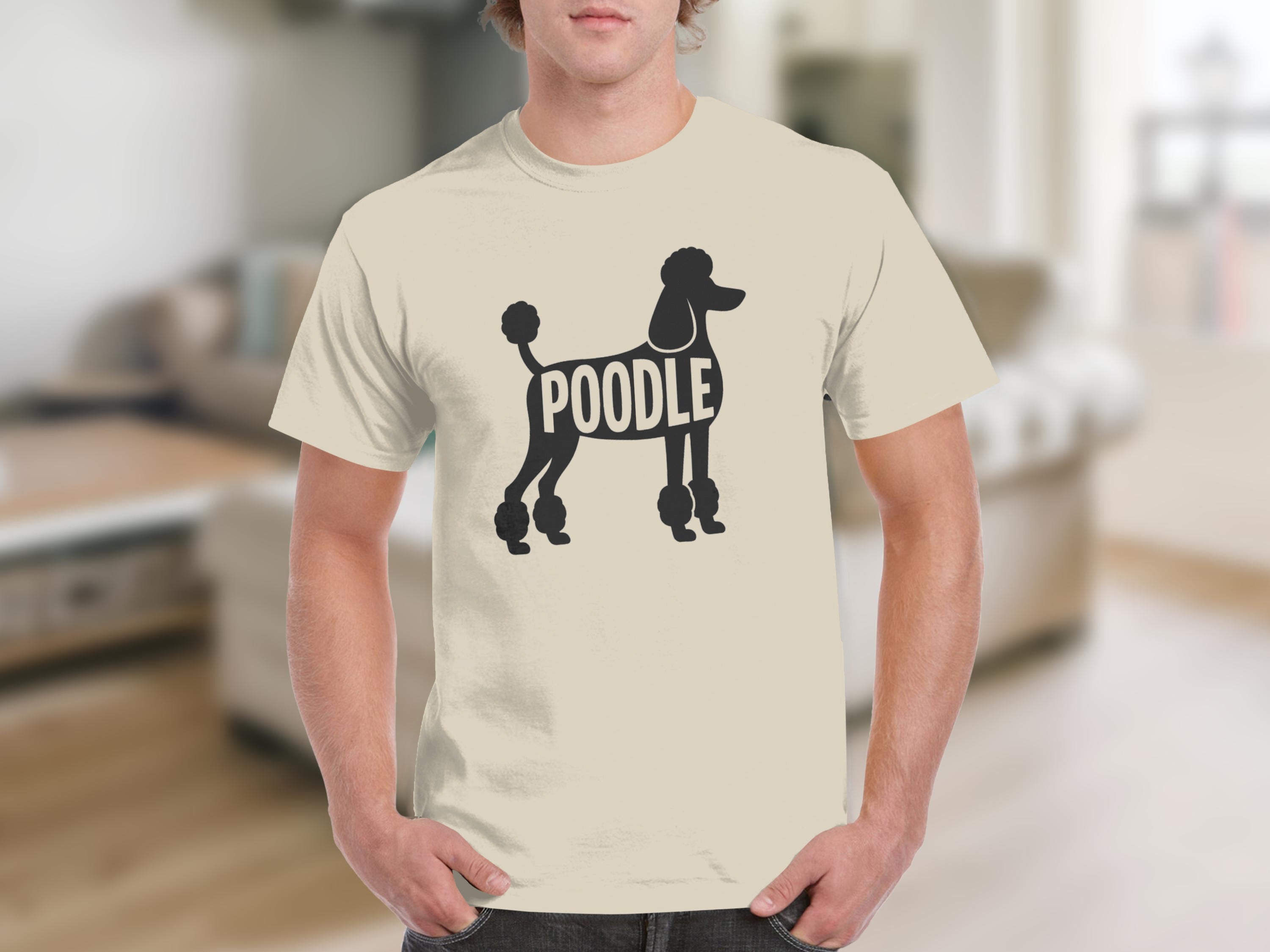 Cream t-shirt with a black poodle silhouette and the word "POODLE" on the chest.