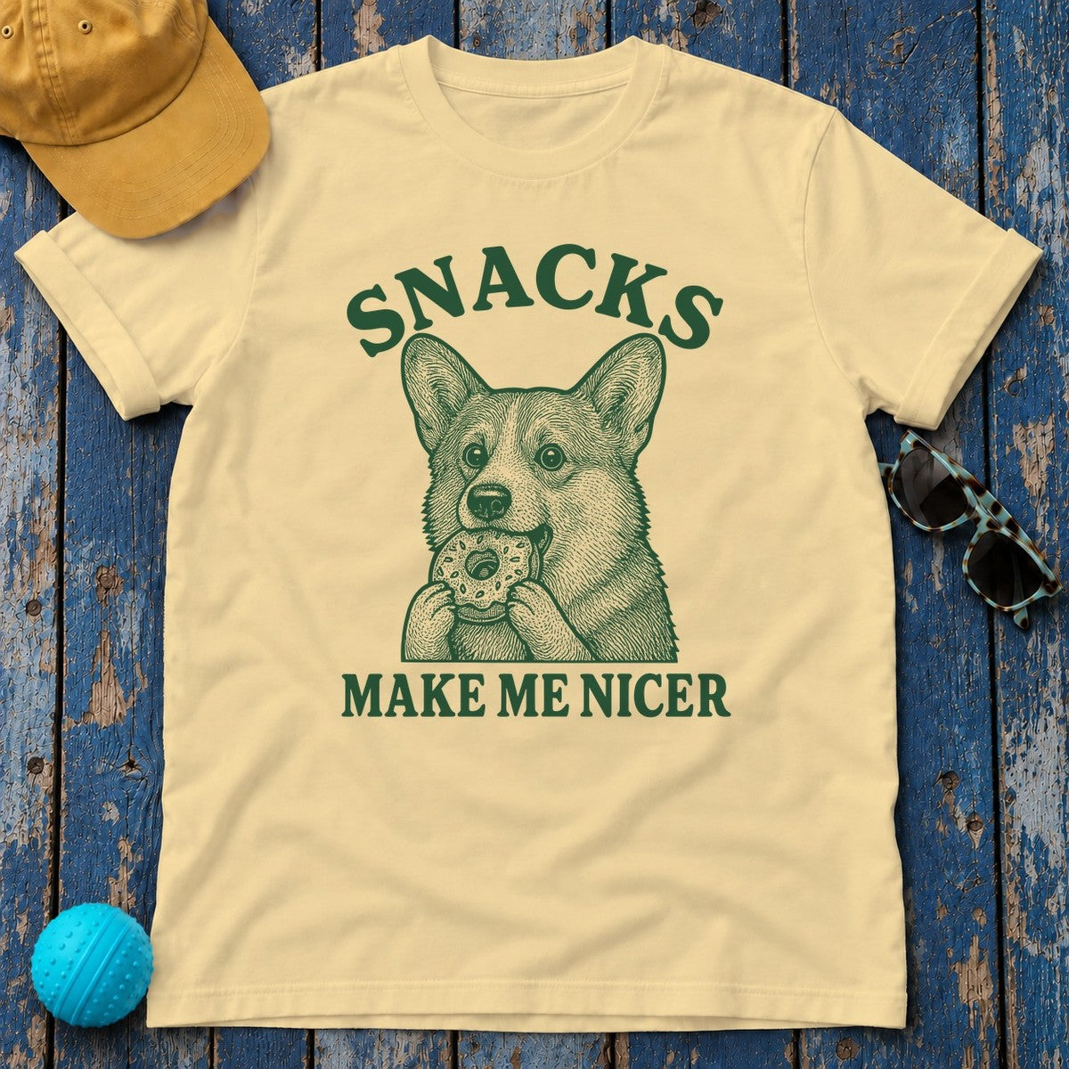 Snacks Make Me Nicer Corgi with Donut Graphic T-Shirt in Yellow Haze