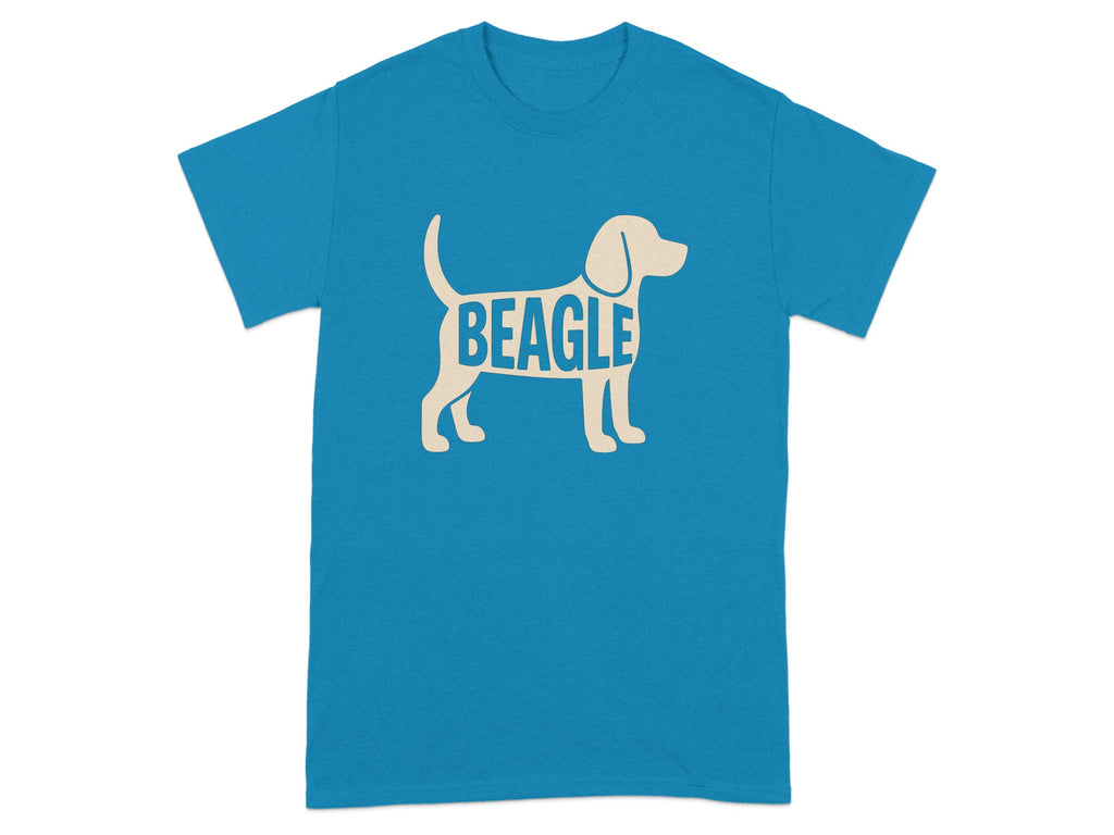 Blue t-shirt with a cream beagle silhouette filled with the word "BEAGLE".