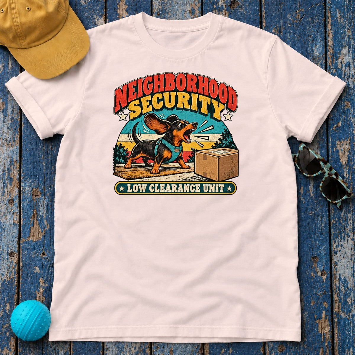 Neighborhood Security Low Clearance Unit Dachshund T-Shirt in Soft Pink - flat lay