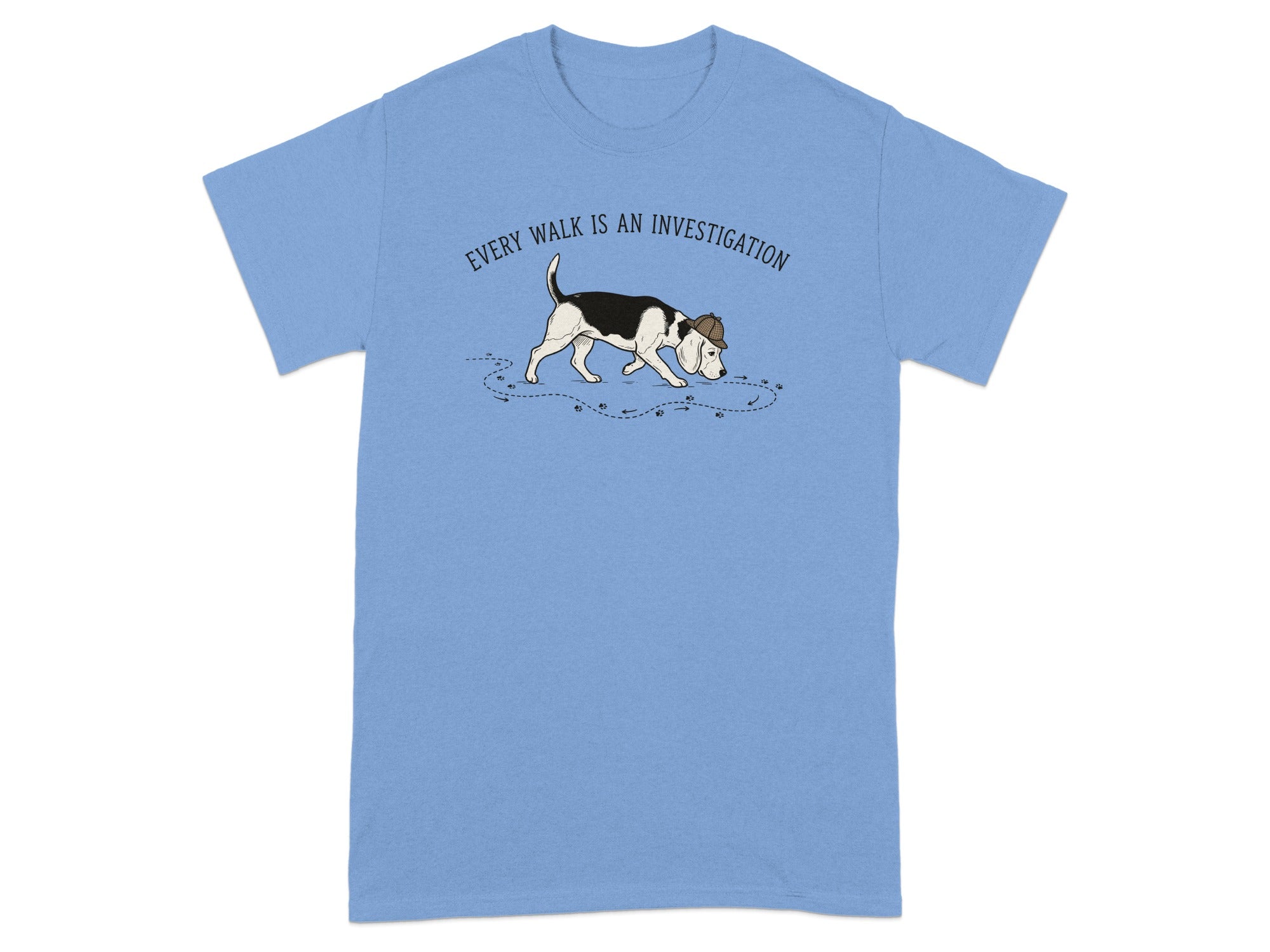 Blue t-shirt with a beagle in a detective hat on paw prints.