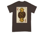 Brown t-shirt with a queen of hearts playing card featuring a crowned dog.