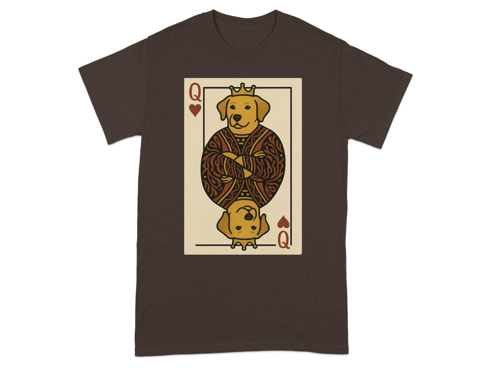 Brown t-shirt with a queen of hearts playing card featuring a crowned dog.