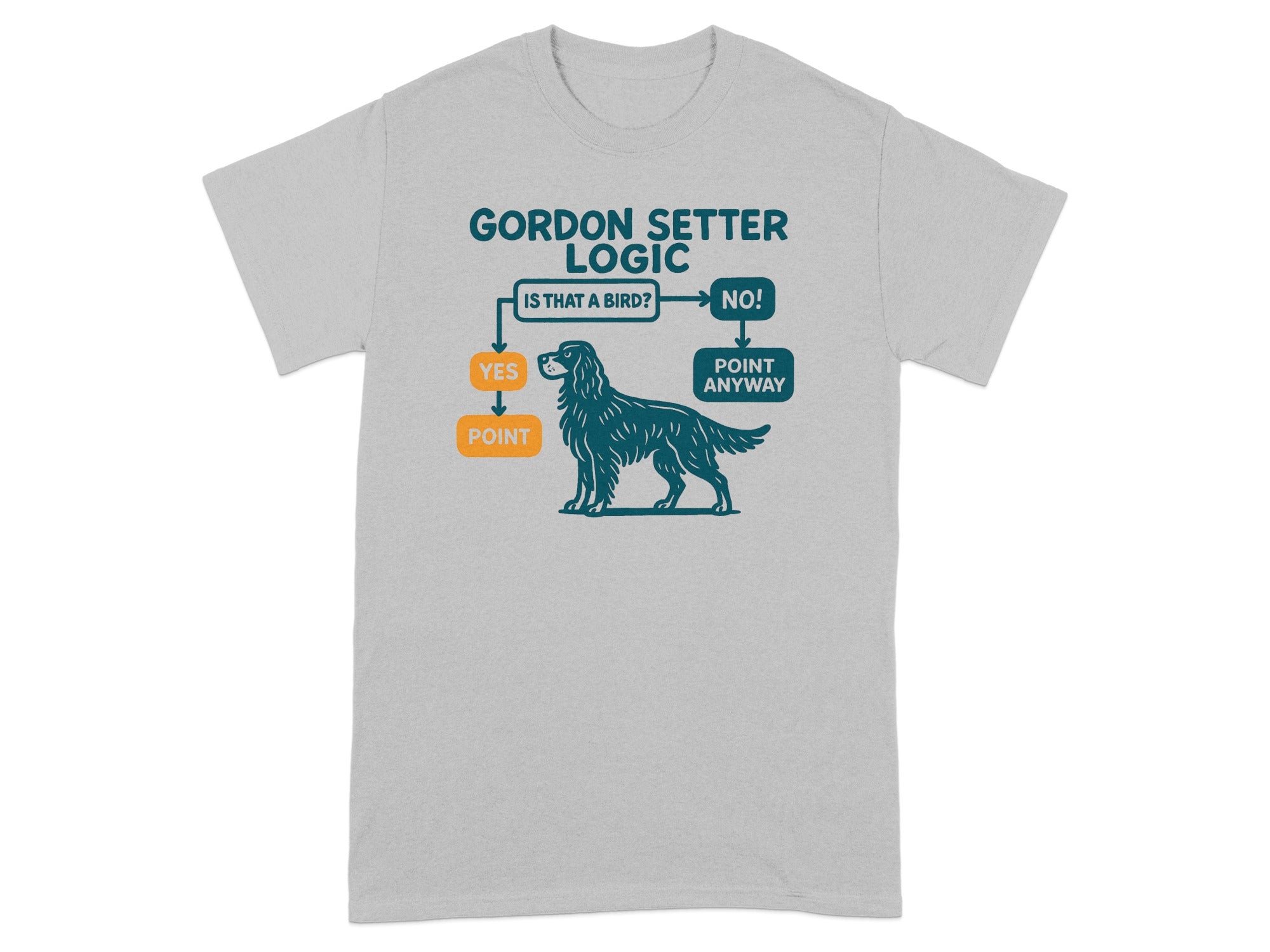 Shirt graphic with flowchart: Gordon Setter Logic, Is that a bird? Yes/Point, No/Point Anyway.