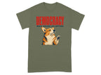 Olive t-shirt with a corgi raising a paw and "DEMOCRACY WAS NEVER AN OPTION" text.