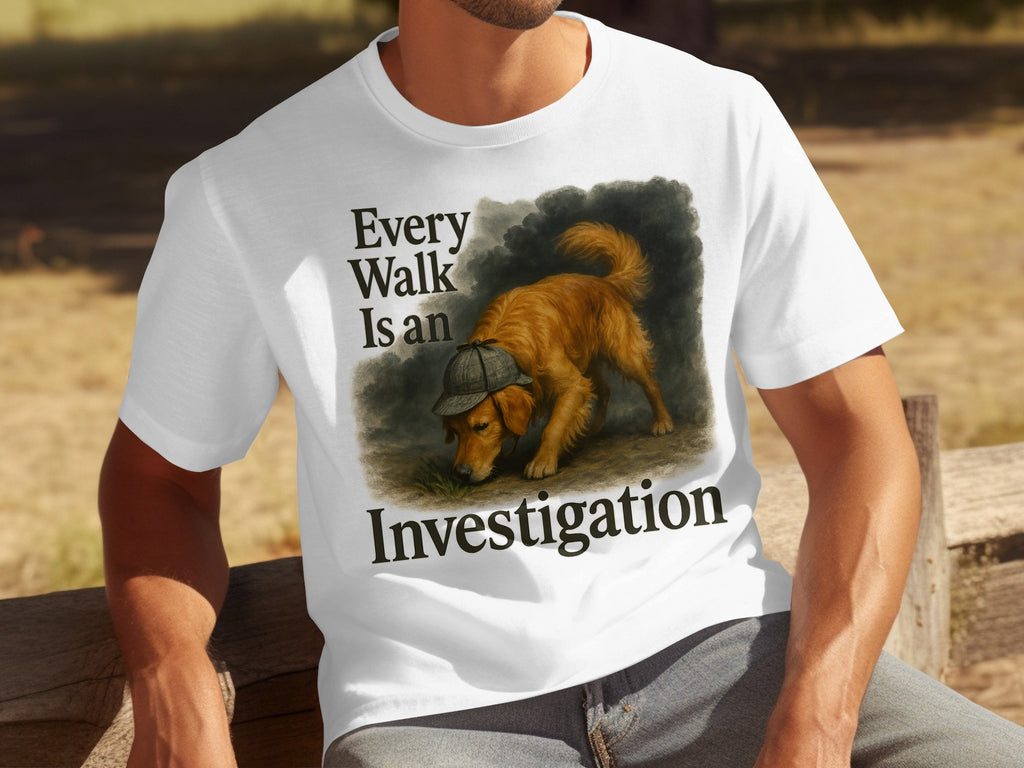 White t-shirt with golden retriever wearing a detective hat and text "Every Walk Is an Investigation."