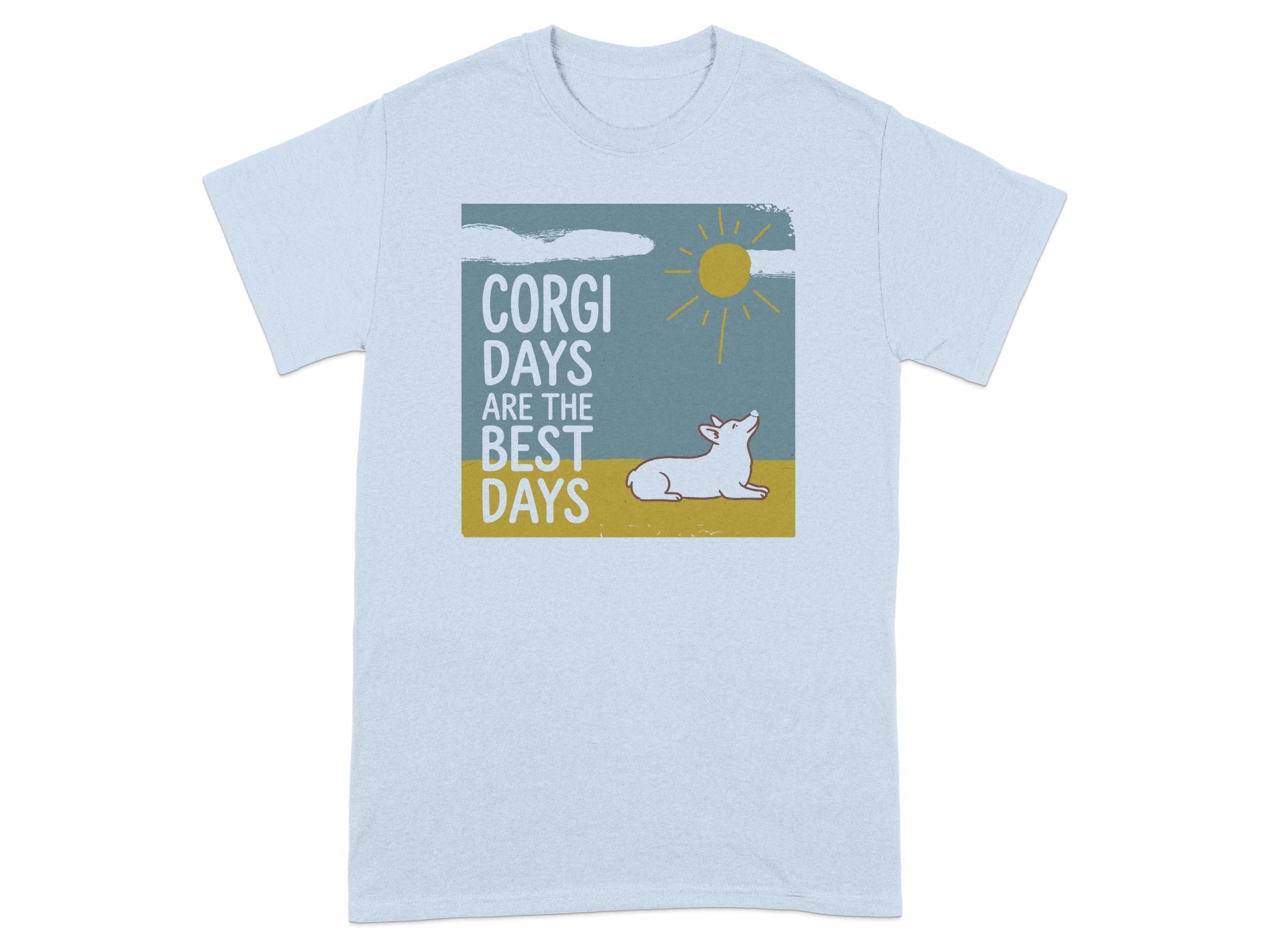 Light blue t-shirt with "CORGI DAYS ARE THE BEST DAYS" text and a corgi under a sun.