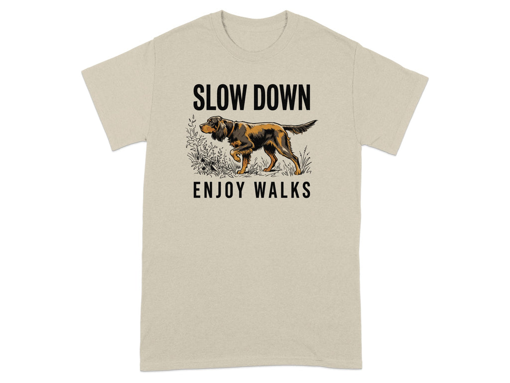 Beige t-shirt with a dog illustration and "SLOW DOWN ENJOY WALKS" text.