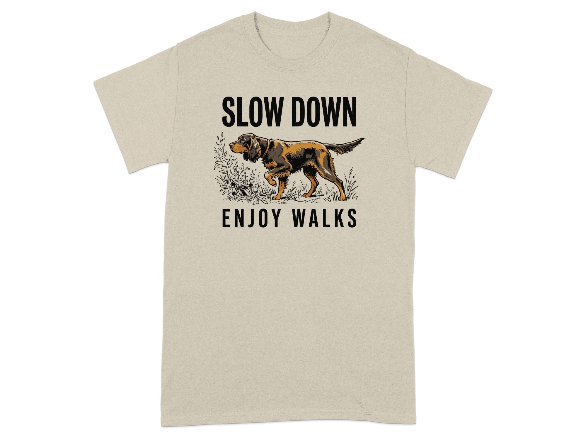 Beige t-shirt with a dog illustration and "SLOW DOWN ENJOY WALKS" text.