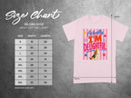 Gildan 5000 t-shirt size chart with "Actually, I'm Delightful" graphic.