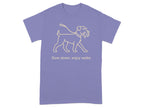 T-shirt with a line drawing of a dog on a leash and the text "Slow down, enjoy walks".