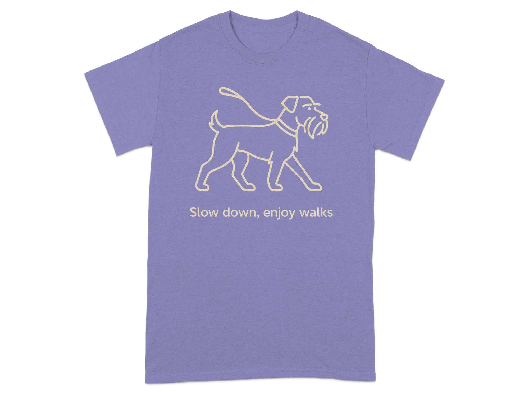 T-shirt with a line drawing of a dog on a leash and the text "Slow down, enjoy walks".