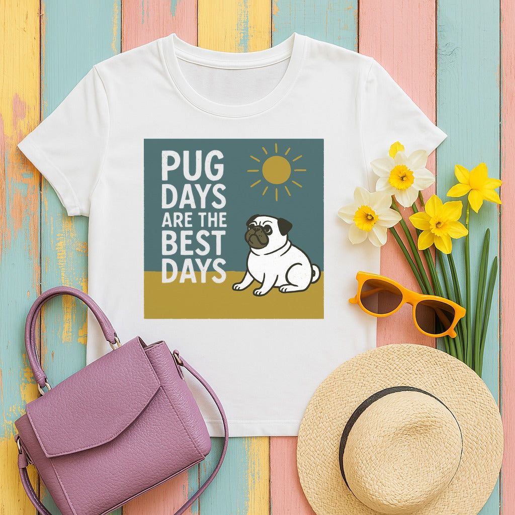 Sunny Pug Days Illustration T-shirt in White