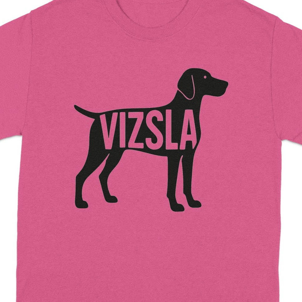 Black Vizsla dog silhouette with text integrated into the body on a pink t-shirt.